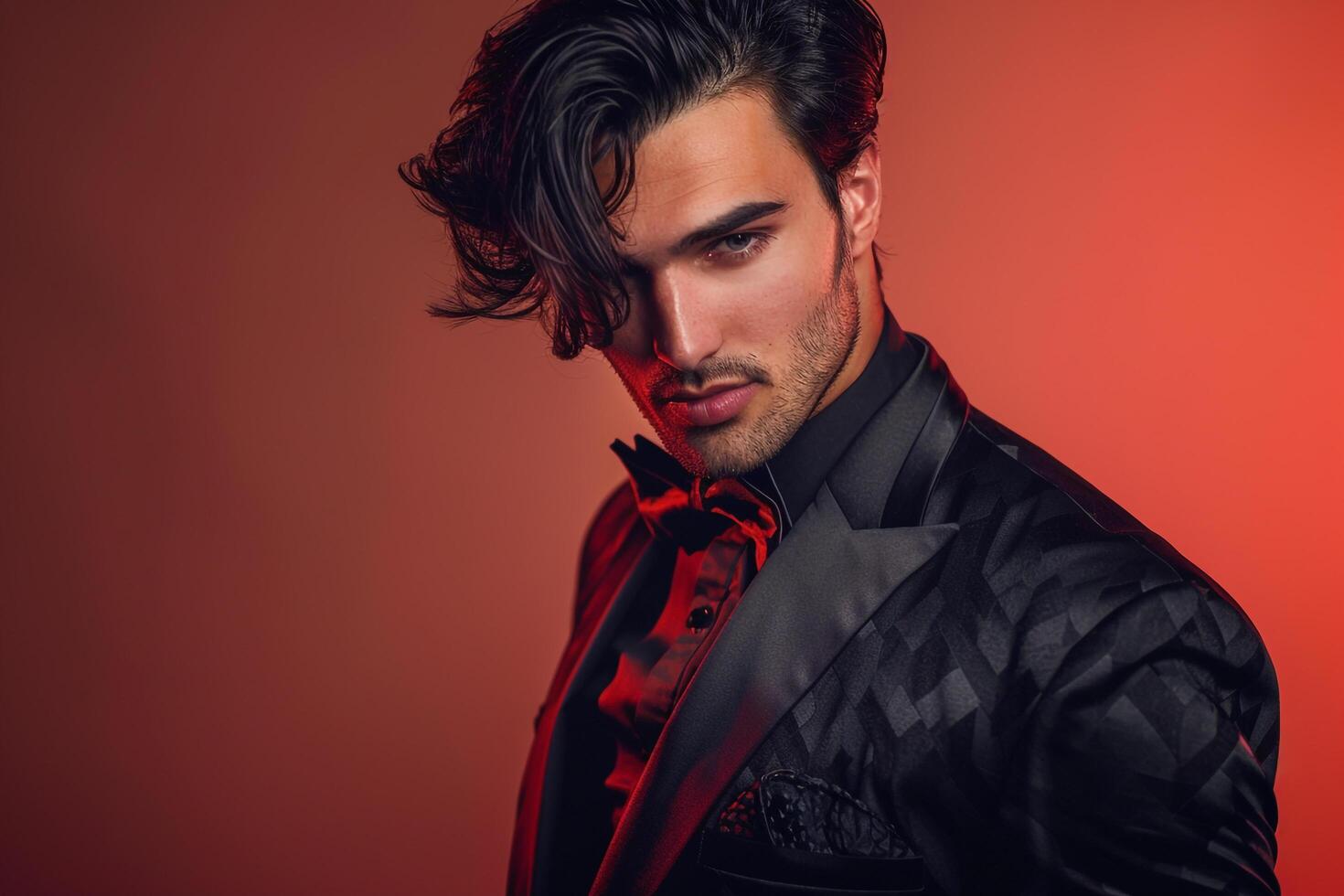 Handsome Fashion Model in Soft Rose Gold Suit Male portrait with Trendy Lifestyle Background photo