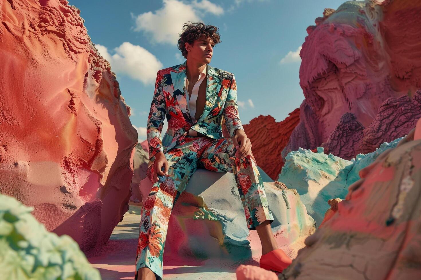 Handsome Fashion Model in Costume print Suit Surreal Landscape Background Male portrait emphasizing Trendy Lifestyle and Modern Fashion photo