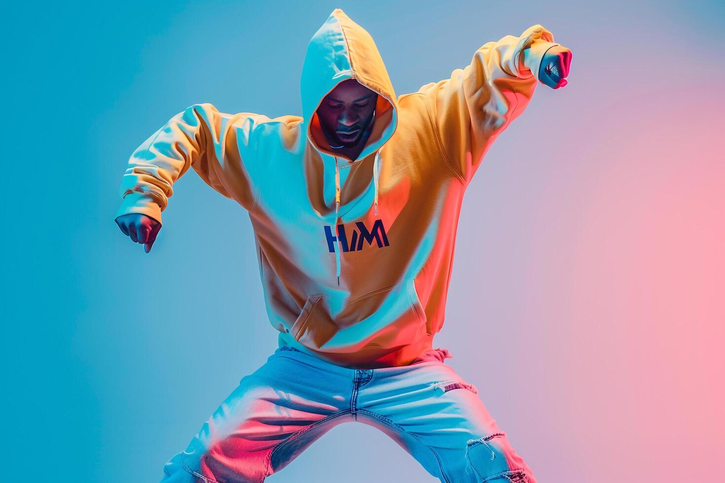 Handsome Fashion Model in Hoodie electric Blue Background Male Dress Featuring a Trendy Lifestyle and Contemporary Fashion for Male photo