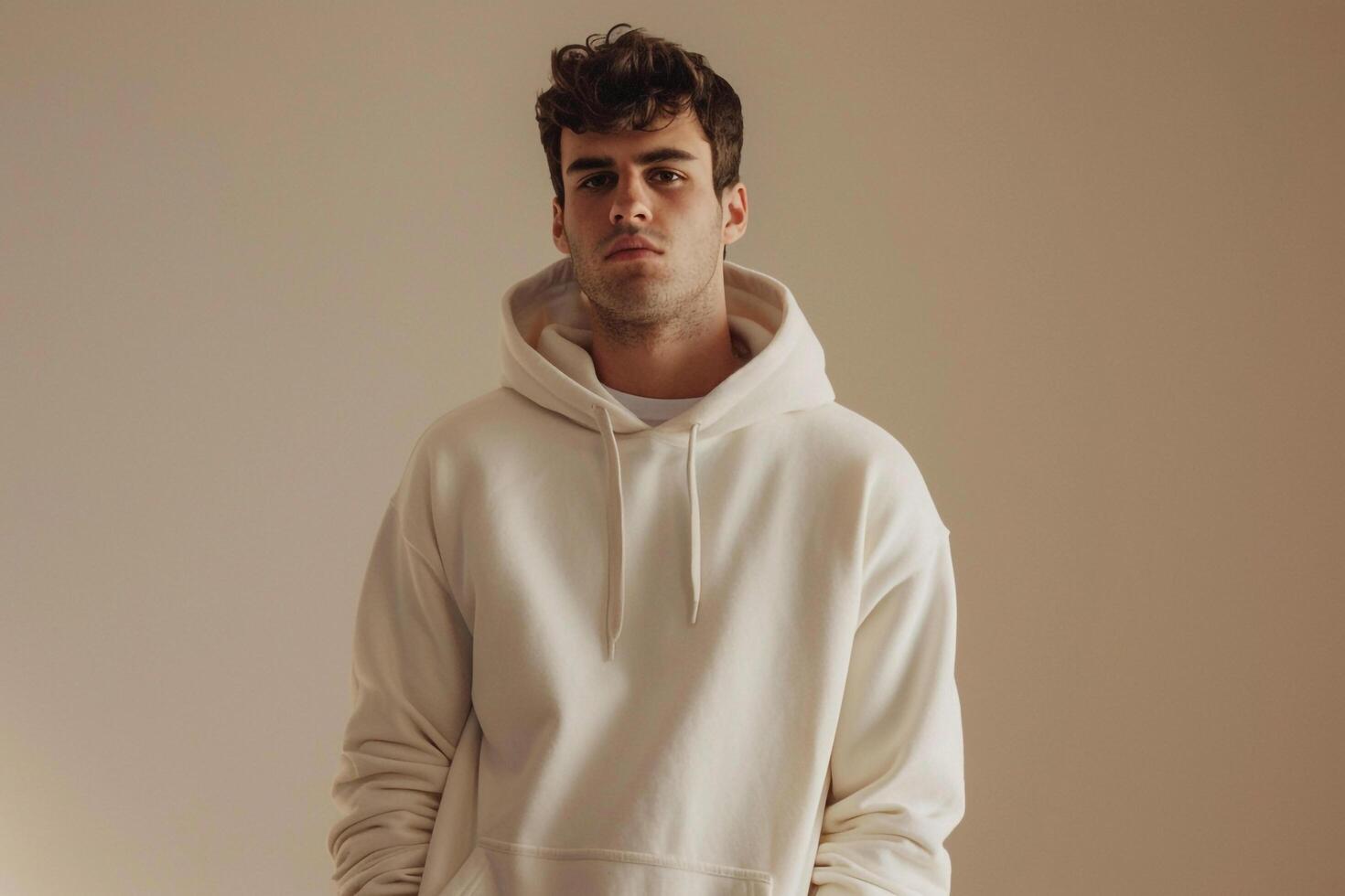 Trendsetting Fashion Model in Cozy Hoodie and Joggers Soft Cream Background Handsome Male Dress Highlighting Modern Lifestyle and Stylish Style photo