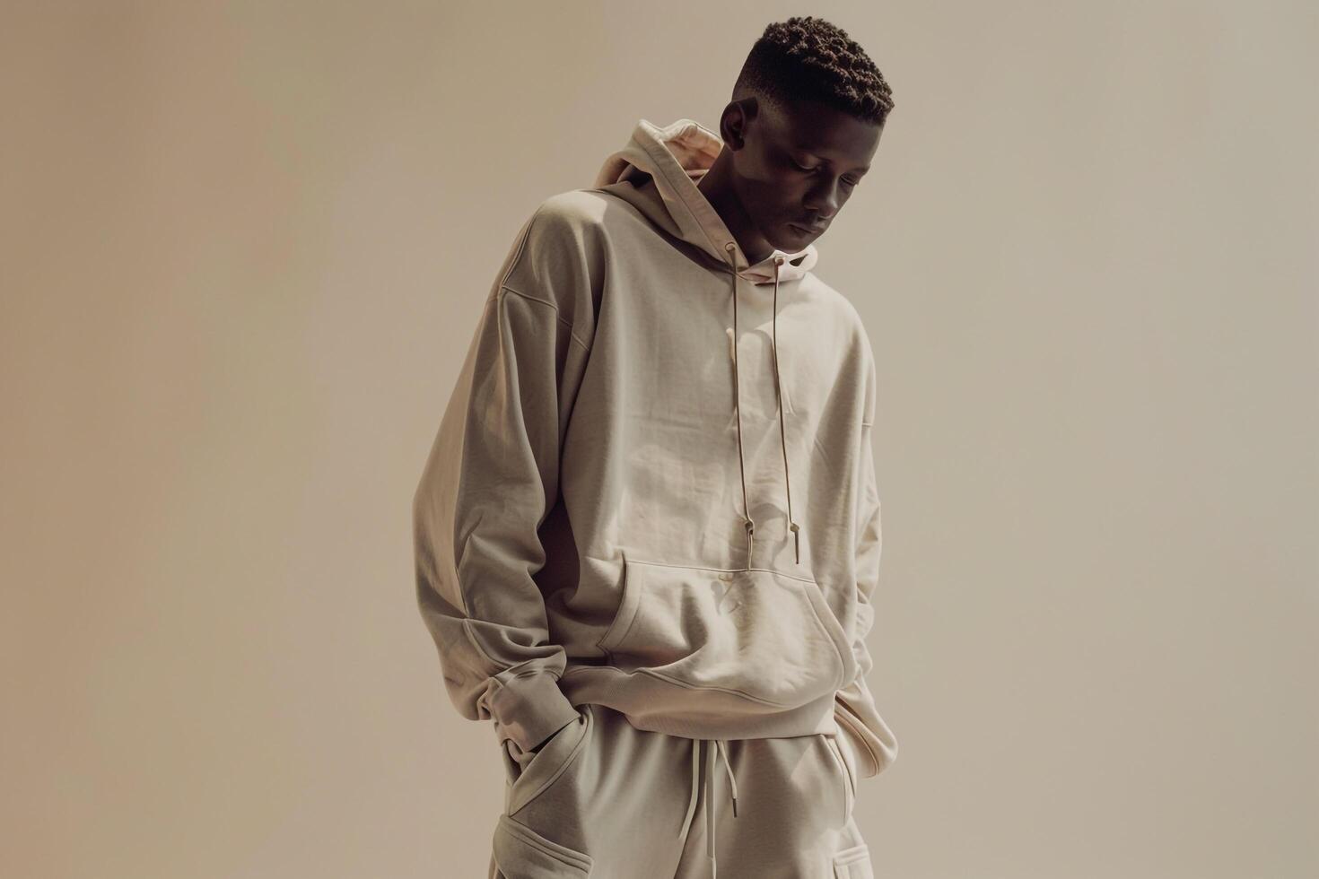 Handsome Fashion Model in Cozy Hoodie and Joggers Soft Cream Background Male Dress Highlighting Trendy Lifestyle and Contemporary Fashion photo