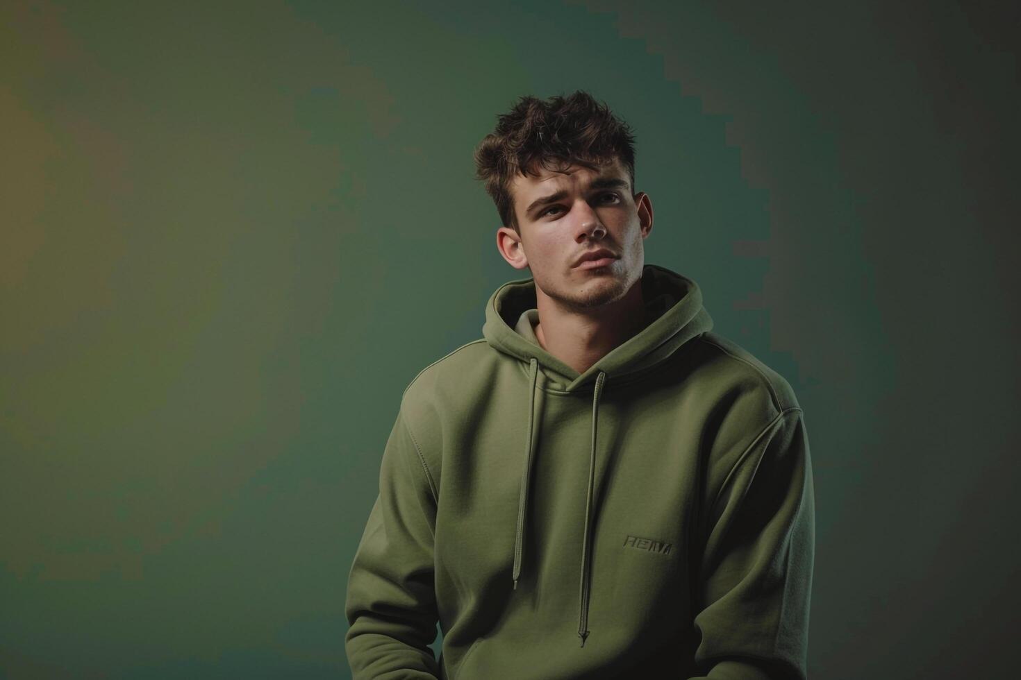 Stylish Fashion Model in Casual Olive Green Hoodie Comfortable Lifestyle portrait Trendy Maleswear Style Soft Light Background photo
