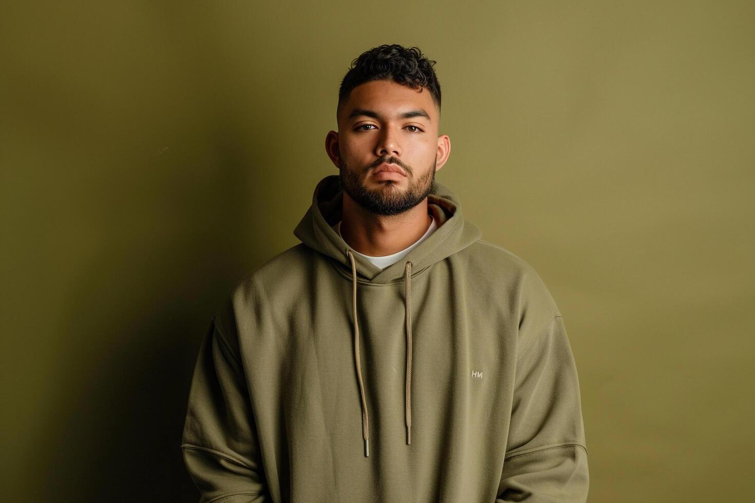 Fashion Model in Casual Olive Green Hoodie Trendy Lifestyle portrait Comfortable Maleswear Style Soft Light Background photo