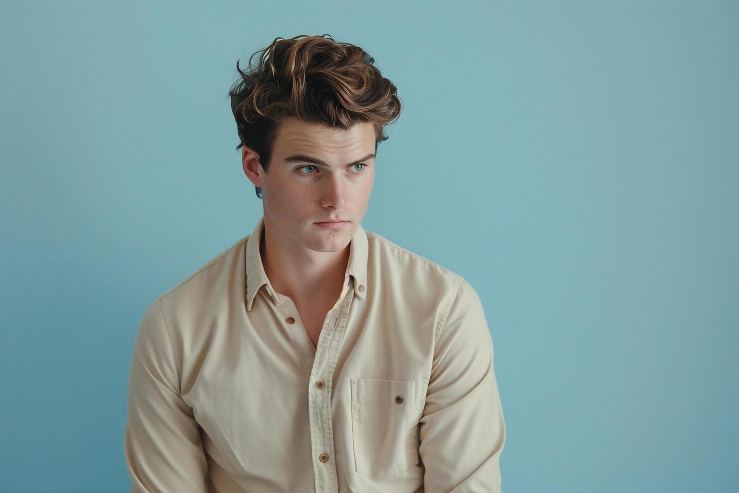 Handsome Fashion Model in Casual Soft Blue Button Down Shirt Comfortable Lifestyle portrait Trendy Maleswear Style photo