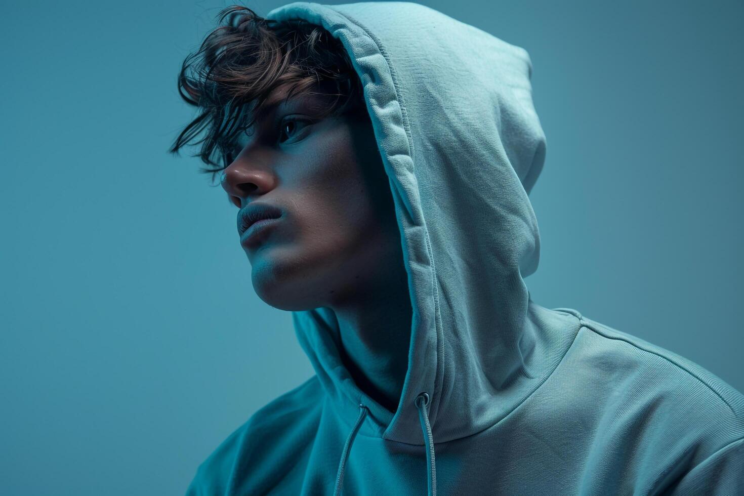 Stylish Male Model in Relaxed Denim Blue Hoodie Comfortable Lifestyle portrait Trendy Maleswear Style photo