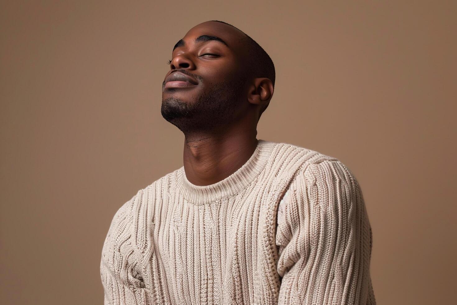 Handsome Male Model in Relaxed Taupe Sweater Costume Comfortable Lifestyle portrait Trendy Maleswear Style photo
