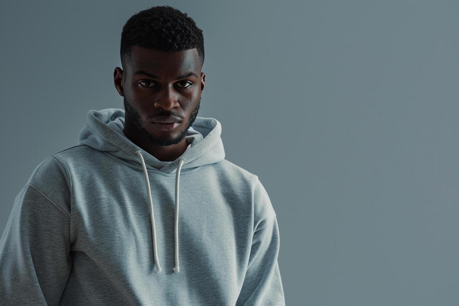 Fashion Model in Basic Hoodie with Grey Background Casual Lifestyle portrait with Soft Lighting Suitable for Fashion and Lifestyle Imagery photo