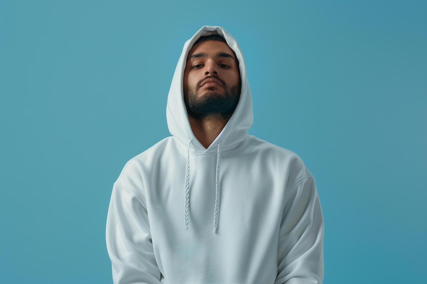 Handsome Fashion Model in Casual Hoodie with Sky Blue Background Relaxed Lifestyle portrait with Ideal Lighting for Contemporary Fashion photo