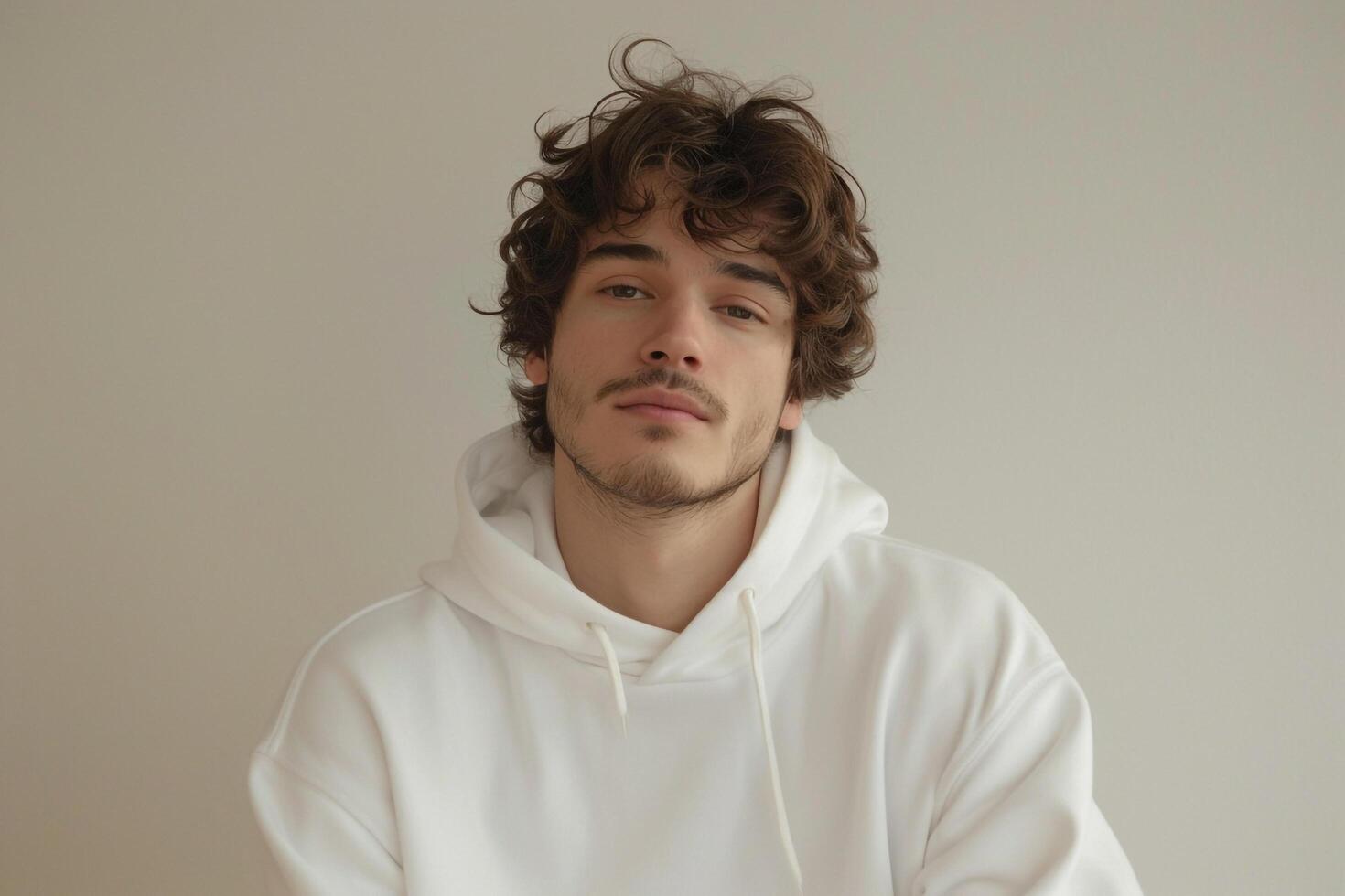 Casual Hoodie Fashion Model with Cream Background Laid Back Lifestyle portrait with Soft Light perfect for Fashion Imagery photo