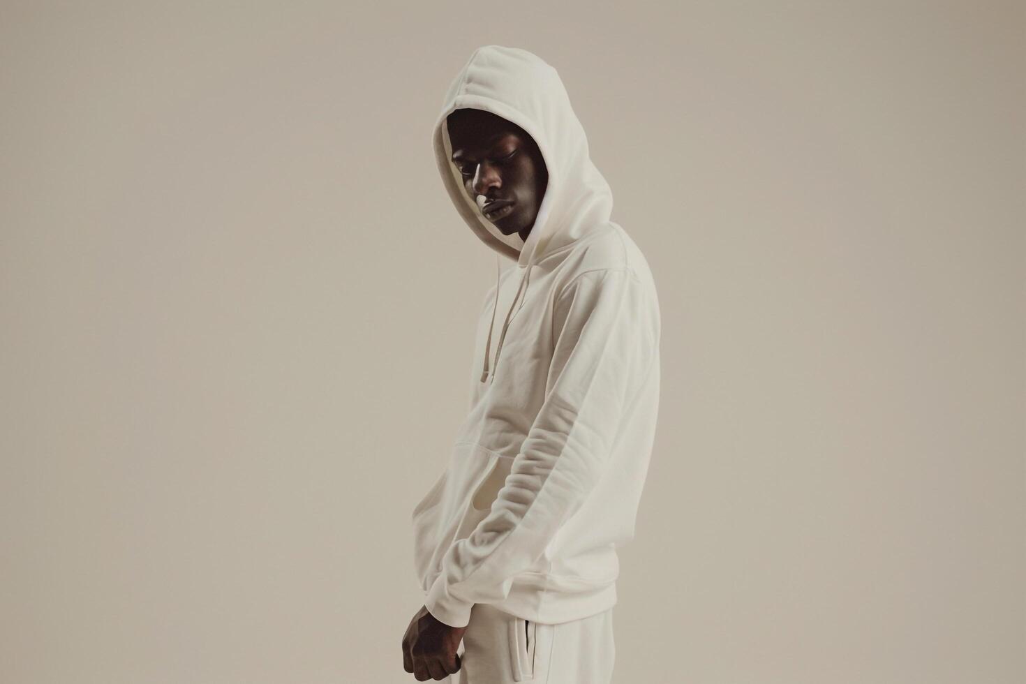 Handsome Fashion Model in Relaxed Hoodie with Cream Background Laid Back portrait emphasizing Fashion and Relaxed Light photo