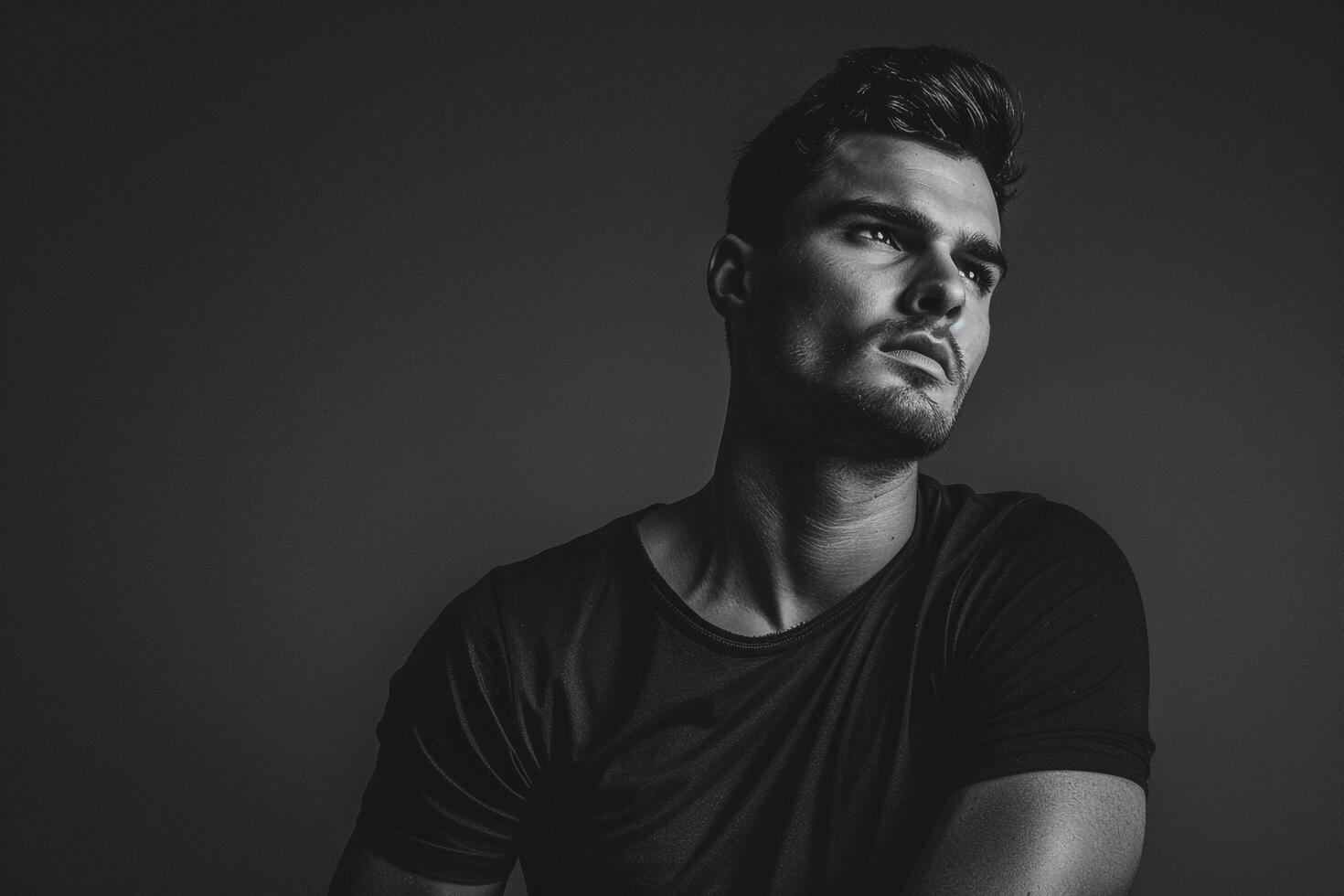 Fashion Model in Relaxed Outfit with Charcoal Grey Background Casual portrait with Fashion and Laid Back Light photo