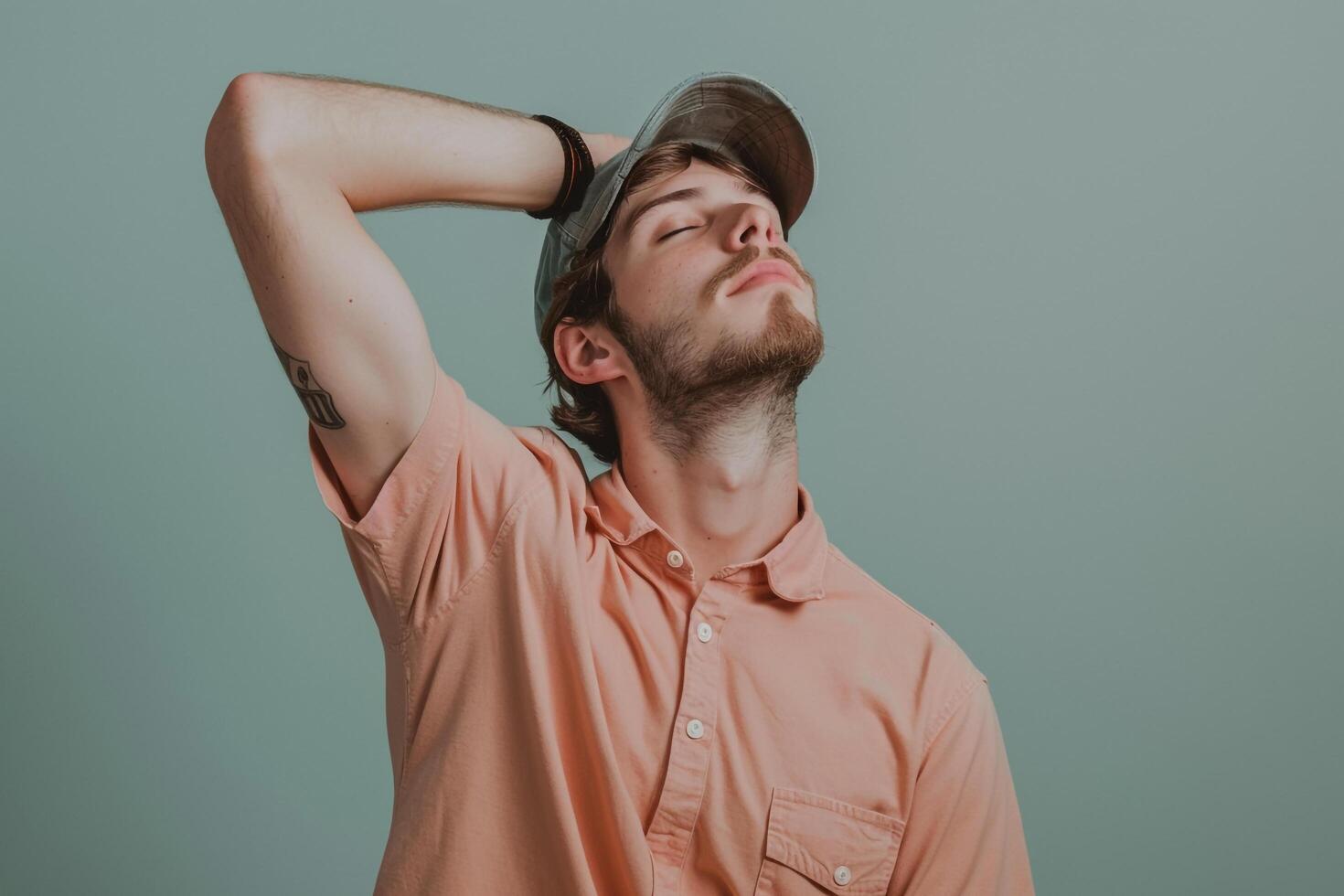 Casual Henley Shirt Fashion Model with Light Mint Background Laid Back portrait emphasizing Fashion and Relaxed Light photo
