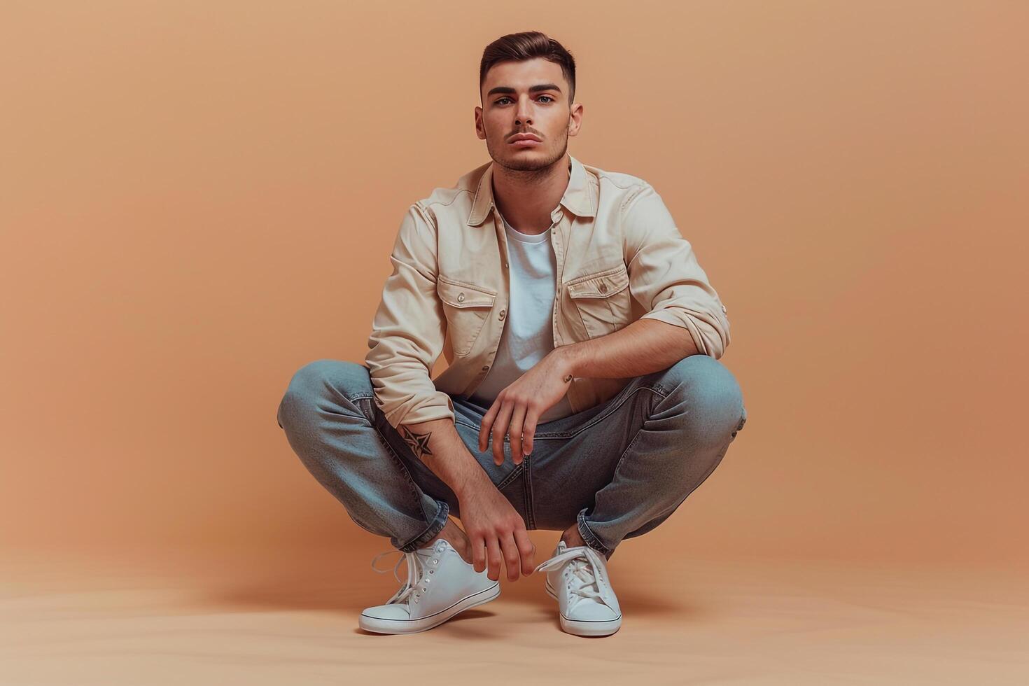 Handsome Fashion Model in Relaxed Fit Jeans and Shirt with Beige Background Casual portrait with Fashion eleMalets photo