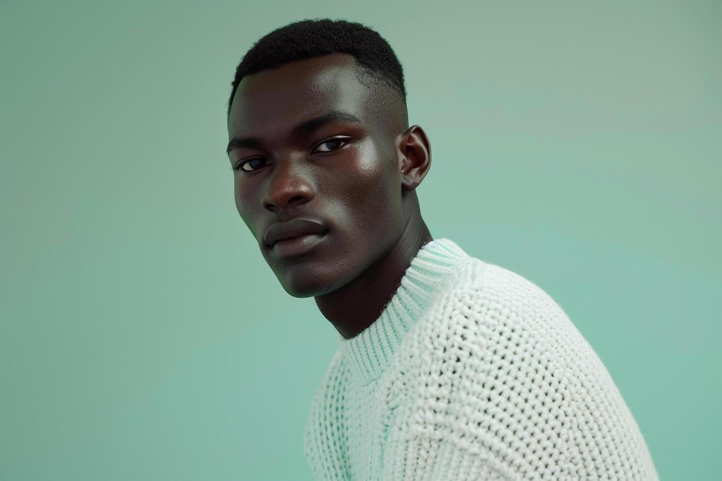 Handsome Fashion Model in Lightweight Sweater with Soft Mint Background Relaxed portrait emphasizing Fashion photo