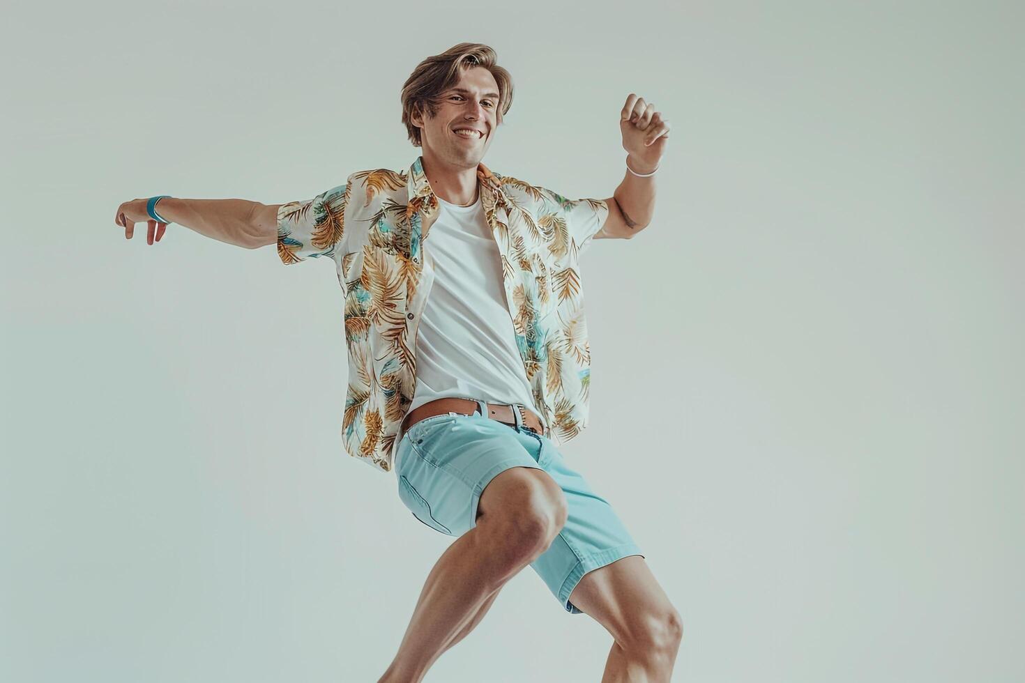 Trendy Fashion Model in Casual Shorts and Shirt Relaxed portrait Stylish and Comfortable Males Outfit with Background photo