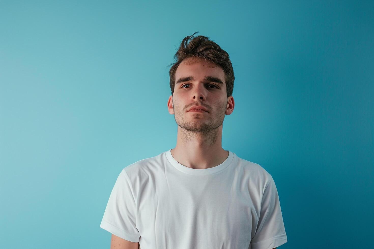 Stylish Fashion Model in Basic Tee Relaxed portrait with Blue Background Contemporary Males Lifestyle and Casual Fashion photo