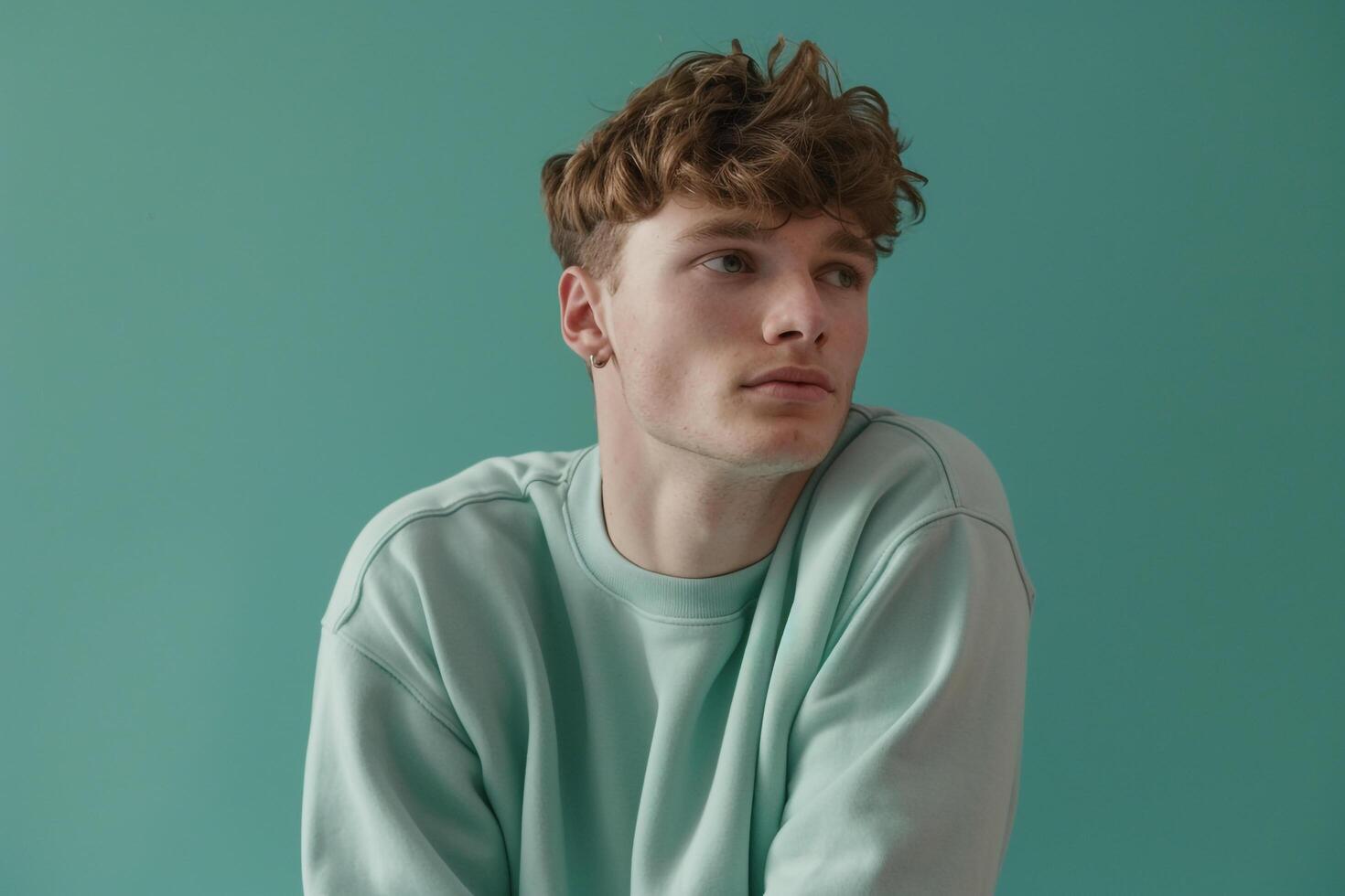 Handsome Fashion Model in Comfortable Sweatshirt Mint Green Background Relaxed portrait Cozy and Stylish Males Wear photo