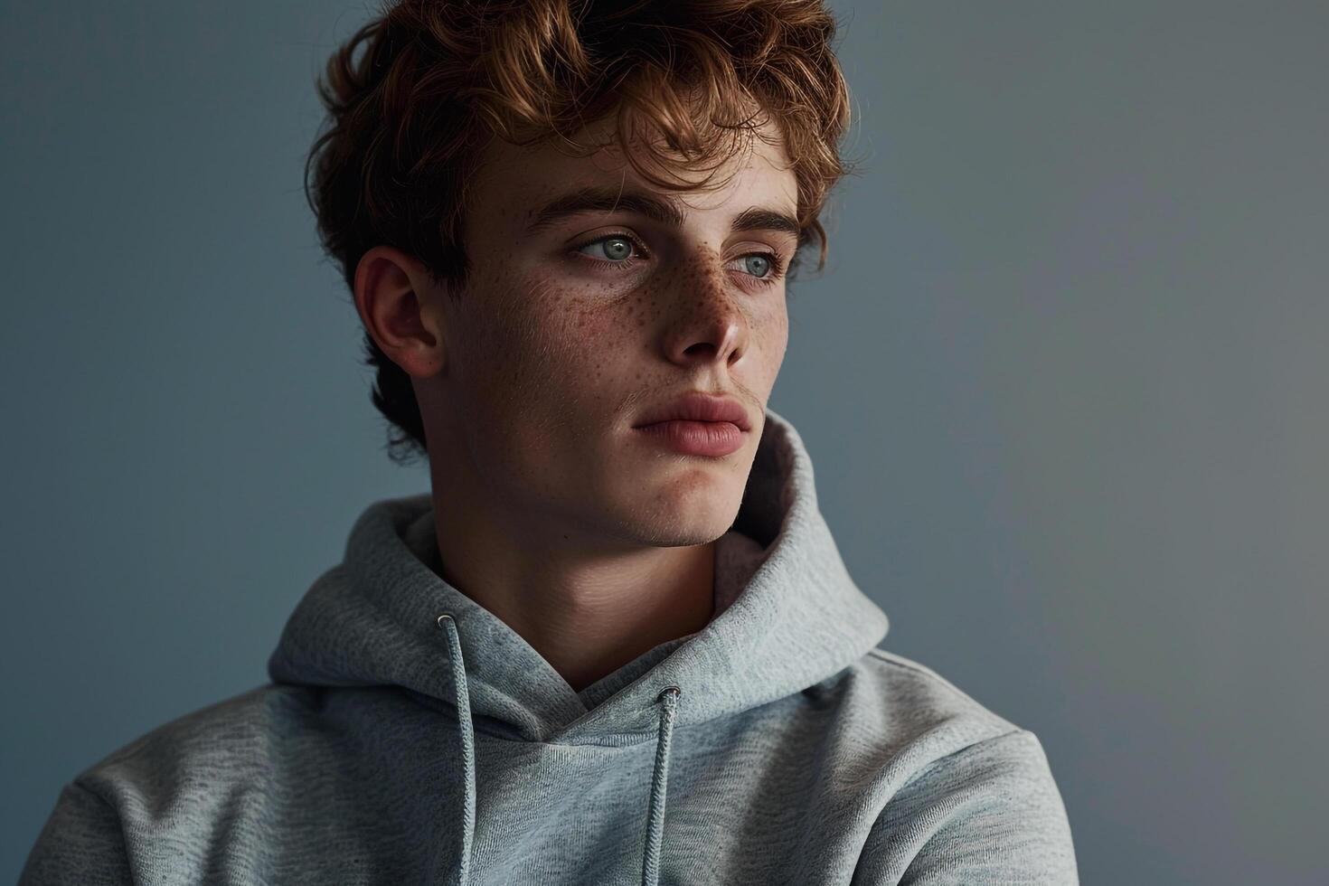 Handsome Fashion Model in Basic Hoodie Slate Blue Background Relaxed portrait Stylish and Modern Males Casual Fashion photo