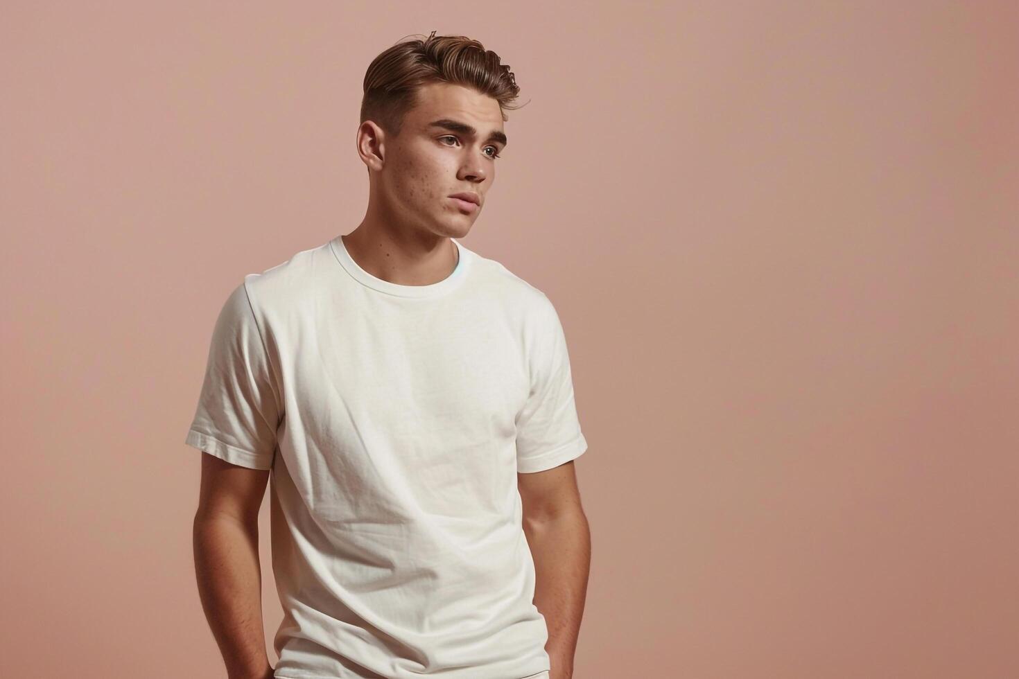 Trendy Fashion Model in Basic Tee Grey Background Relaxed portrait Modern and Comfortable Males Casual Wear photo