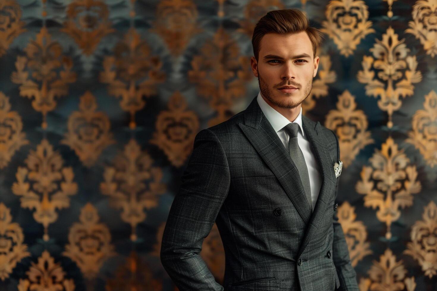 Handsome Fashion Model in Classy Suit with patterned Background Modern Lifestyle portrait photo