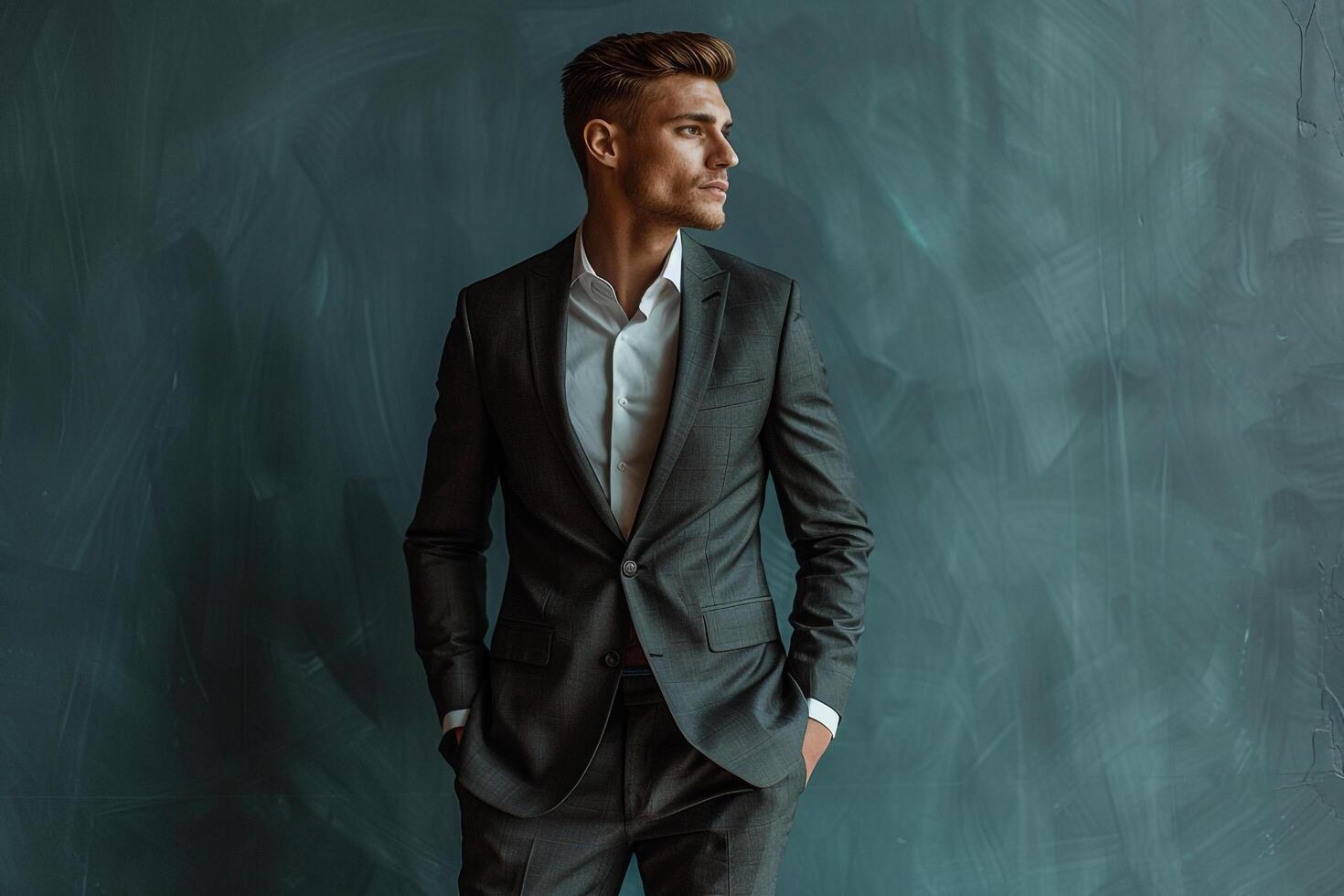 Stylish Male Model in Classic Suit with Slate Blue Background Modern Lifestyle portrait photo