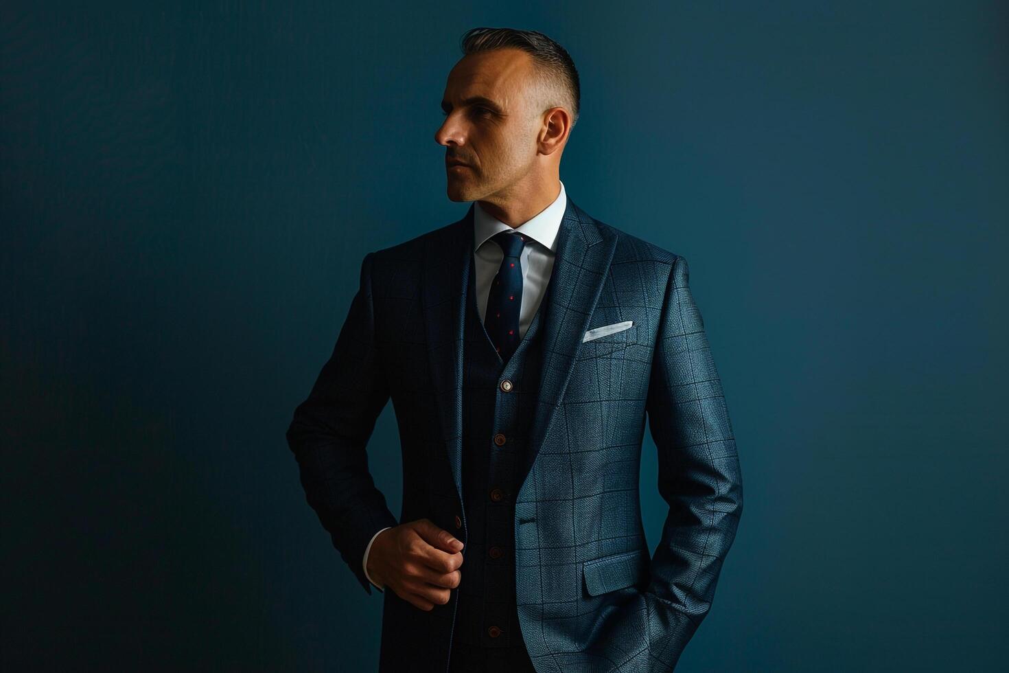 Classic Suit with Slate Blue Background Handsome Male Fashion Model Lifestyle portrait photo