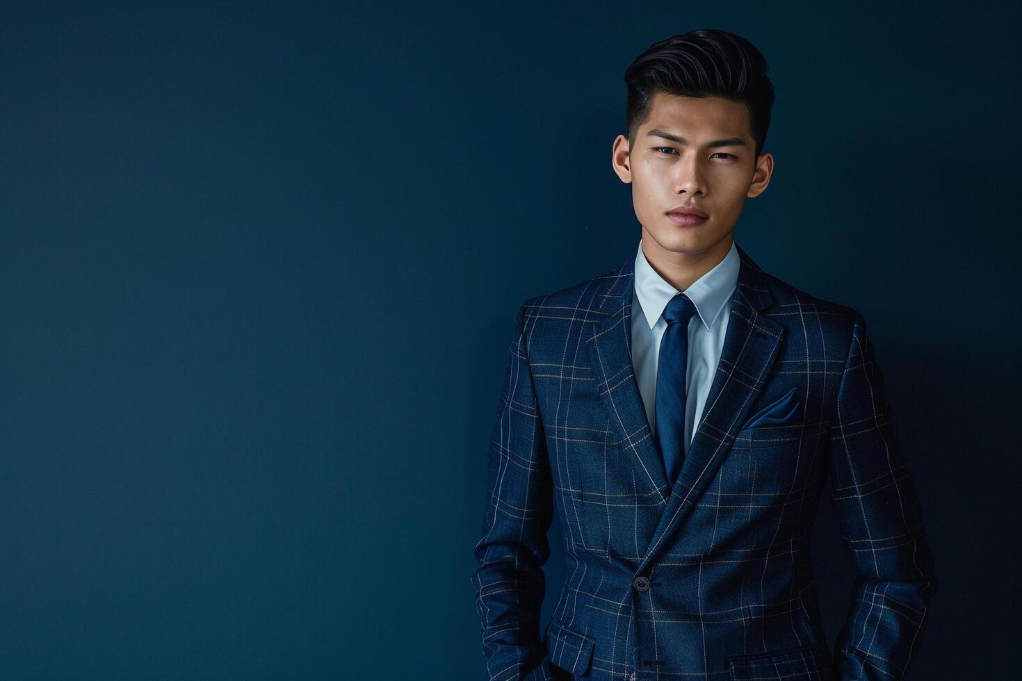 Classic Suit Fashion Model with Slate Blue Background Handsome Male portrait Modern Style photo