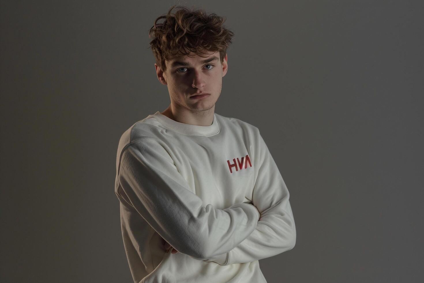Sweatshirt Fashion Model in Gray Background Handsome Male portrait Modern Lifestyle photo