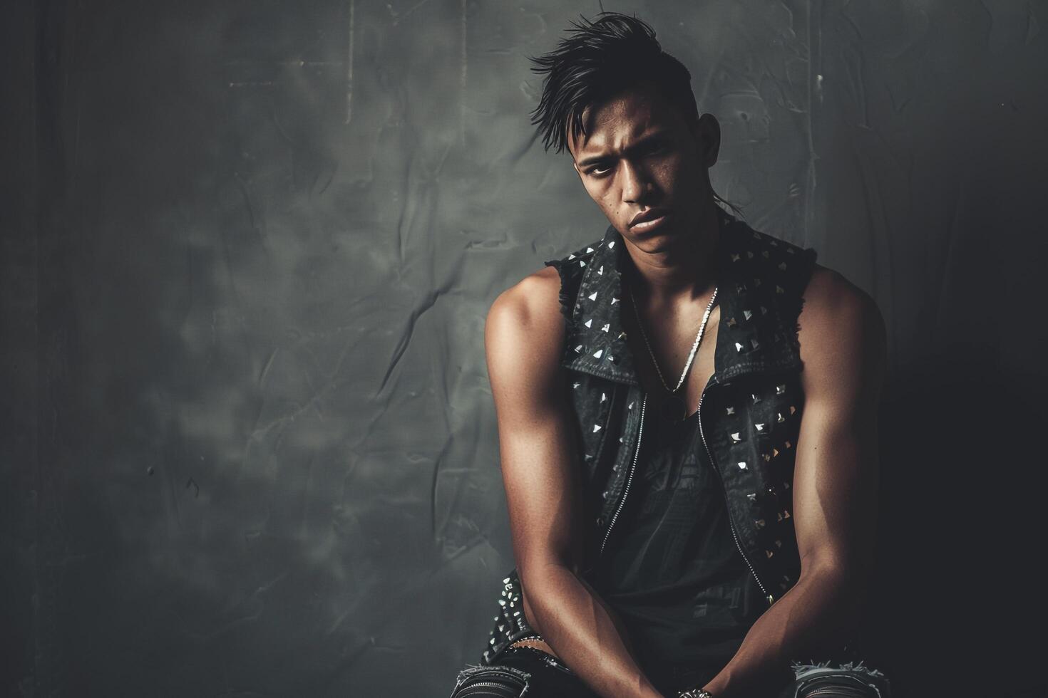 Stylish Fashion Model in a Studded Vest with a Maleswear Background elegant Male portrait Trendy Lifestyle photo