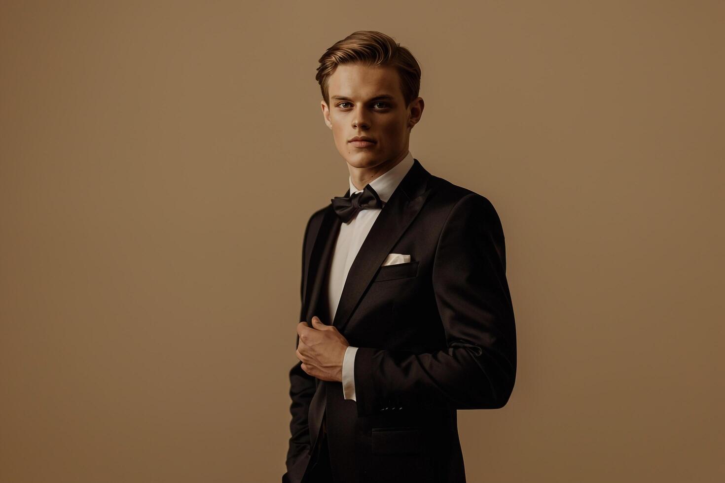 Chic Fashion Model in a Classic Tuxedo with a Light Cream Silk Background Stylish Male portrait Modern Lifestyle photo
