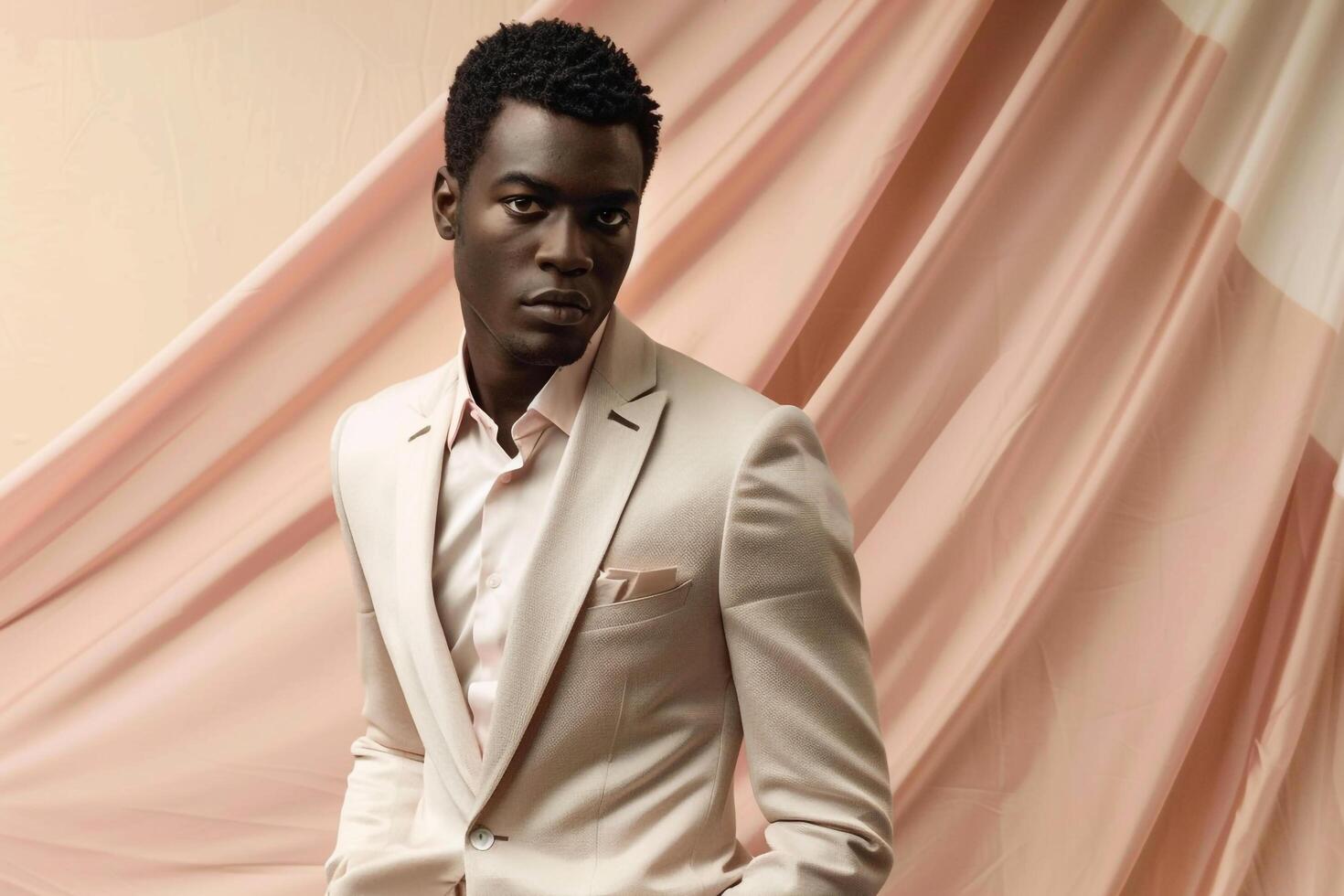 elegant Fashion Model in a Casual Suit with a Silk Ivory Background Stylish Male portrait Modern Lifestyle photo