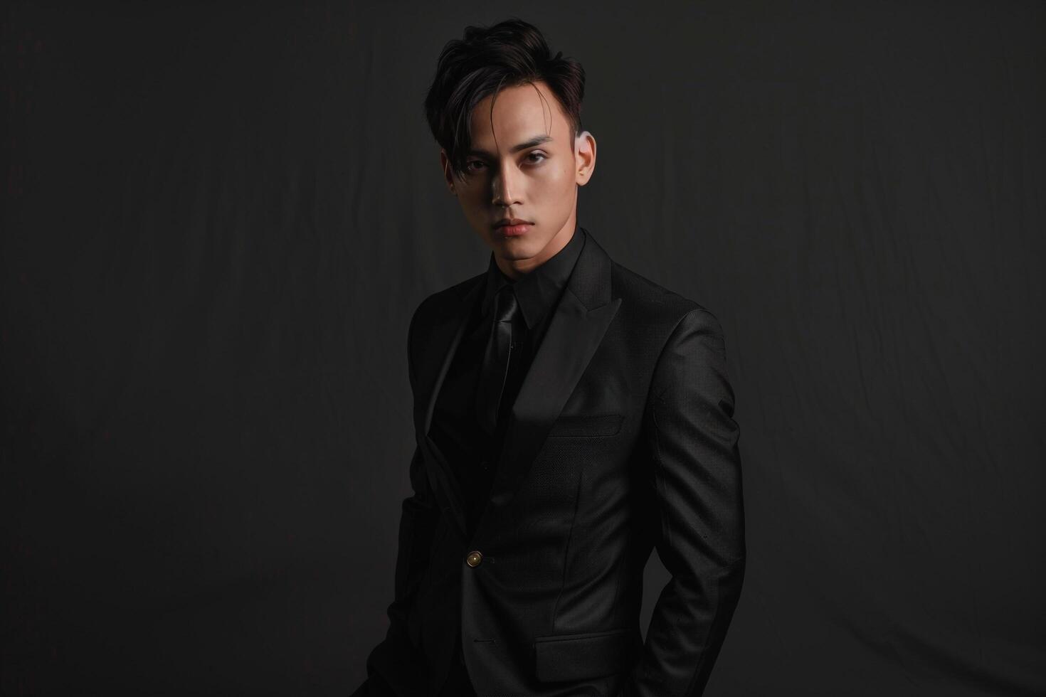 elegant Fashion Model in a Formal Suit with a Black Background Trendy Male portrait Modern Lifestyle photo