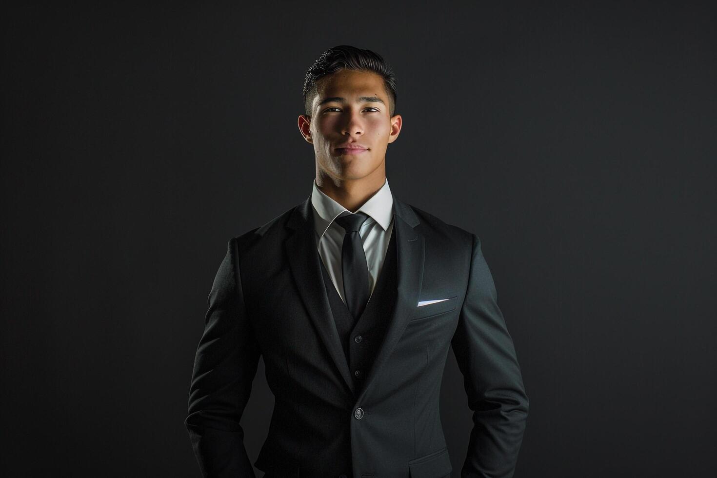 elegant Fashion Model in a Formal Suit with a Black Background Stylish Male portrait Modern Lifestyle photo