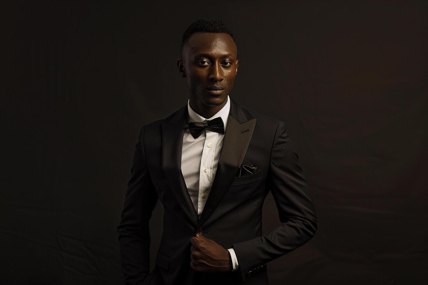 Modern Formal Suit Fashion Model in Male Dress with Black Background Stylish Lifestyle portrait High Fashion Maleswear Focus photo