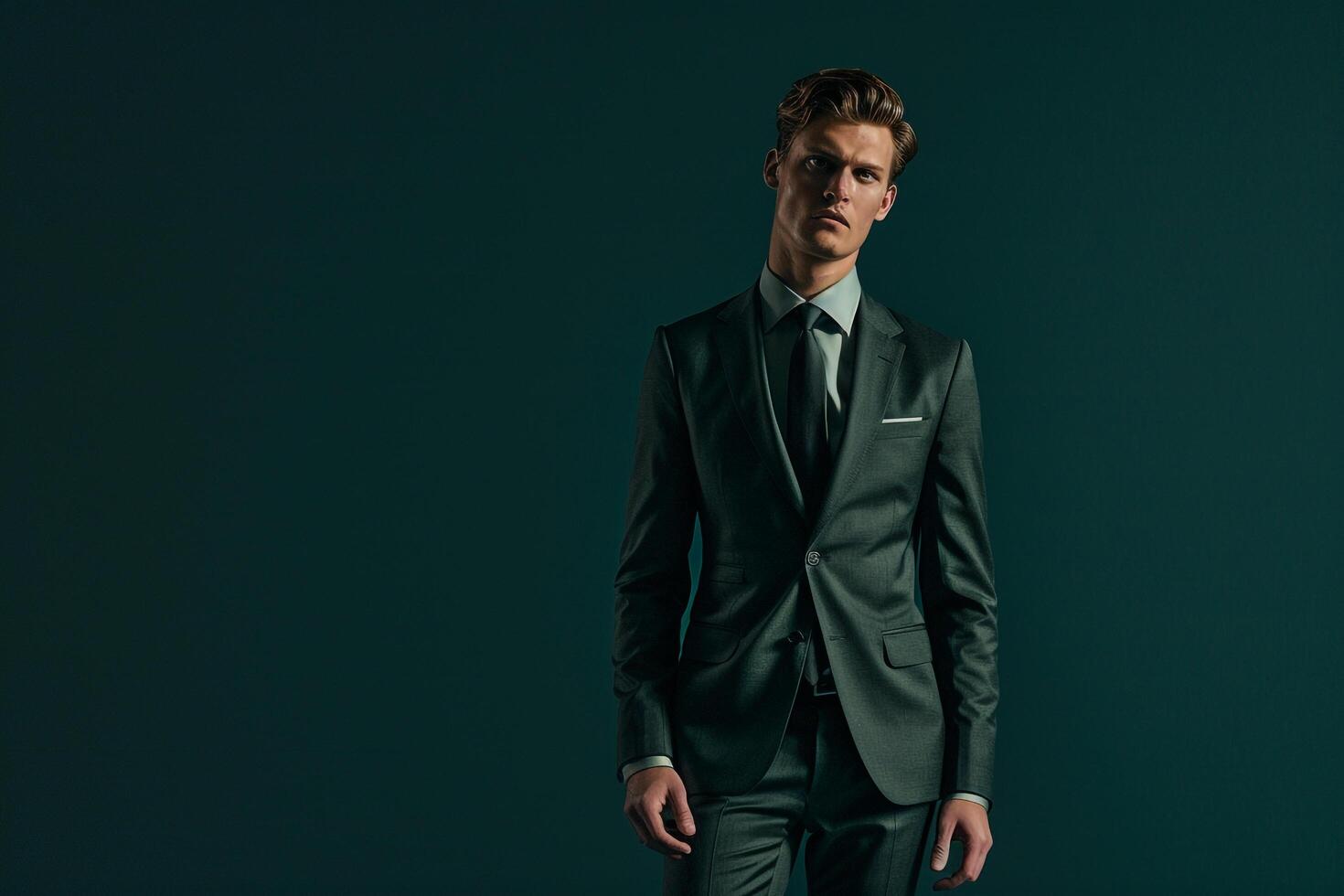 Chic Tailored Suit Fashion Model in Male Dress with Dark Green Background Contemporary Lifestyle portrait Fashion Focused Sharp Look photo