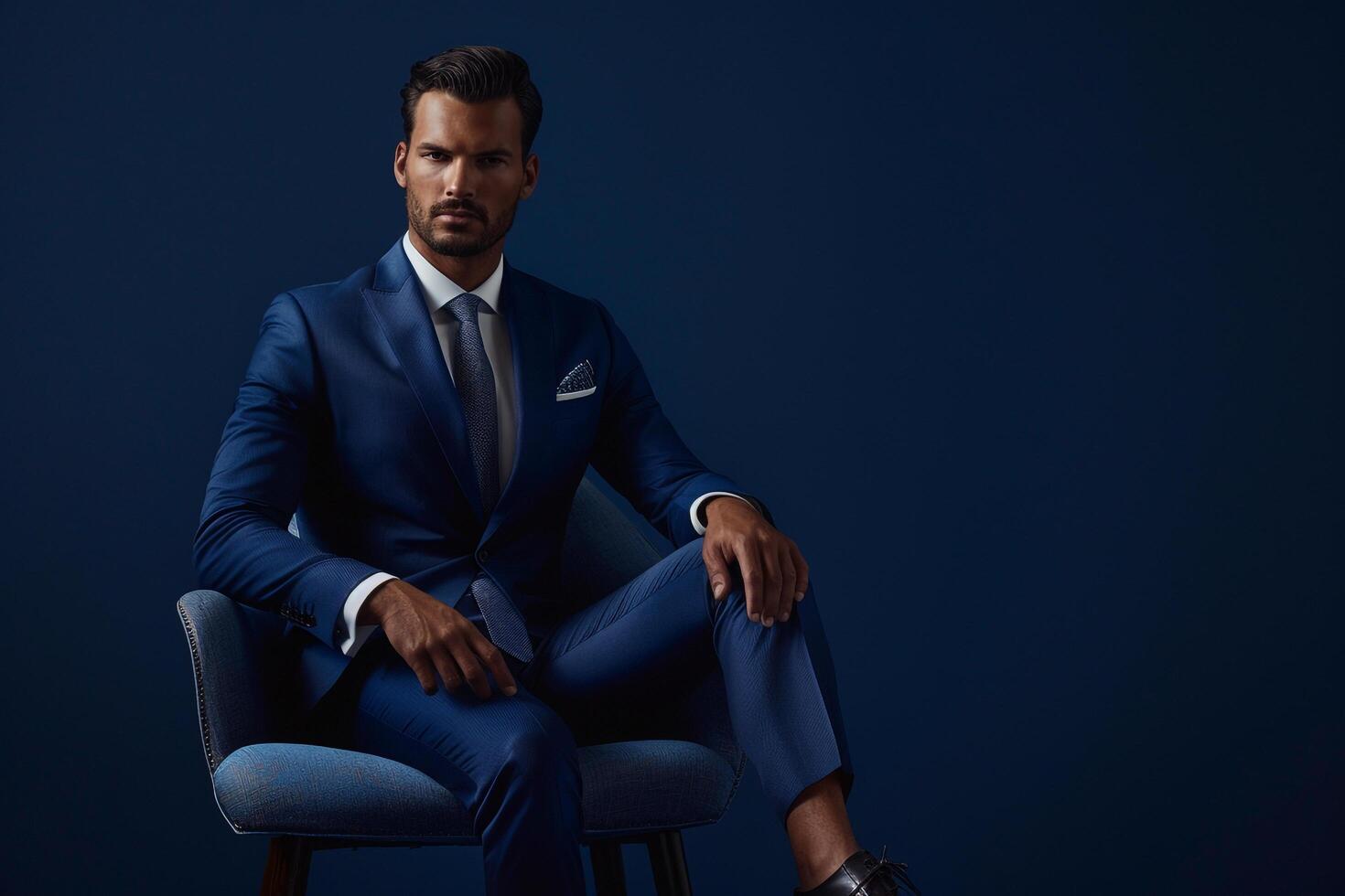 Contemporary Tailored Suit Fashion Model in Male Dress with Navy Blue Background Stylish Lifestyle portrait Fashion Focused Modern Maleswear photo