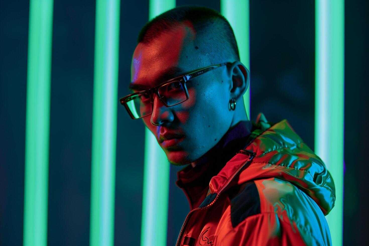 Stylish Cyberpunk Jacket Fashion Model in Male Dress with Neon Green Background Trendy Lifestyle portrait Fashion Focused Futuristic Look photo