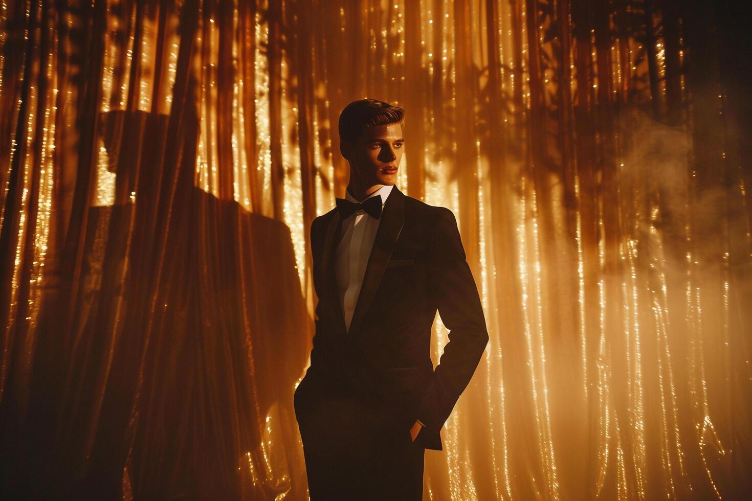Sophisticated Formal Tuxedo Fashion Model in Male Dress with Classic Gold Background elegant Lifestyle portrait Fashion Focused Upscale Style photo