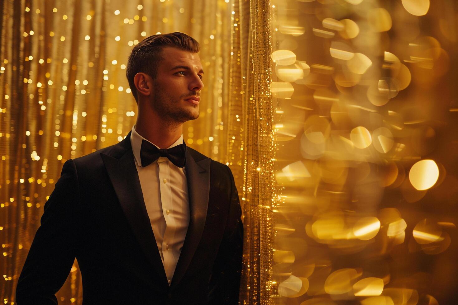 elegant Formal Tuxedo Fashion Model in Male Dress with Classic Gold Background Upscale Lifestyle portrait Fashion Focused High Class Maleswear photo