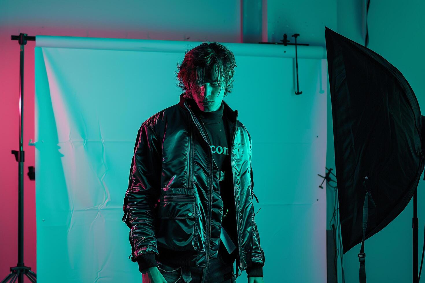 Trendy Cyberpunk Jacket Fashion Model in Male Dress with Neon Green Background Modern Lifestyle portrait Fashion Focused Stylish Look photo