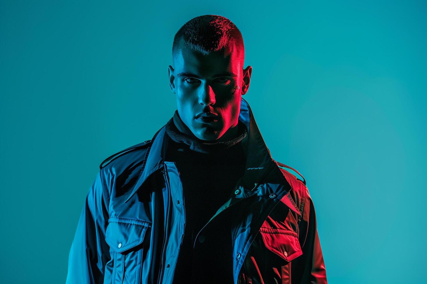 Fashion Model in Cyberpunk Jacket Male Dress with Neon Green Background Chic Lifestyle portrait Fashion Focused Futuristic Maleswear photo