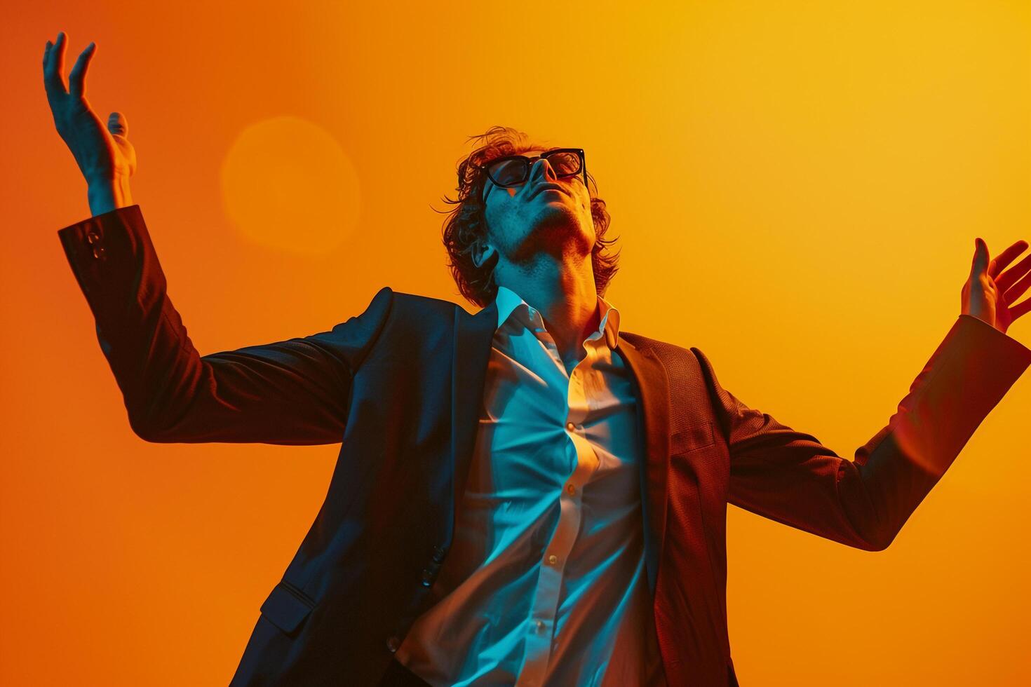Trendy Futuristic Suit Fashion Model in Male Dress with electric Yellow Background Chic Lifestyle portrait Fashion Focused Contemporary Style photo