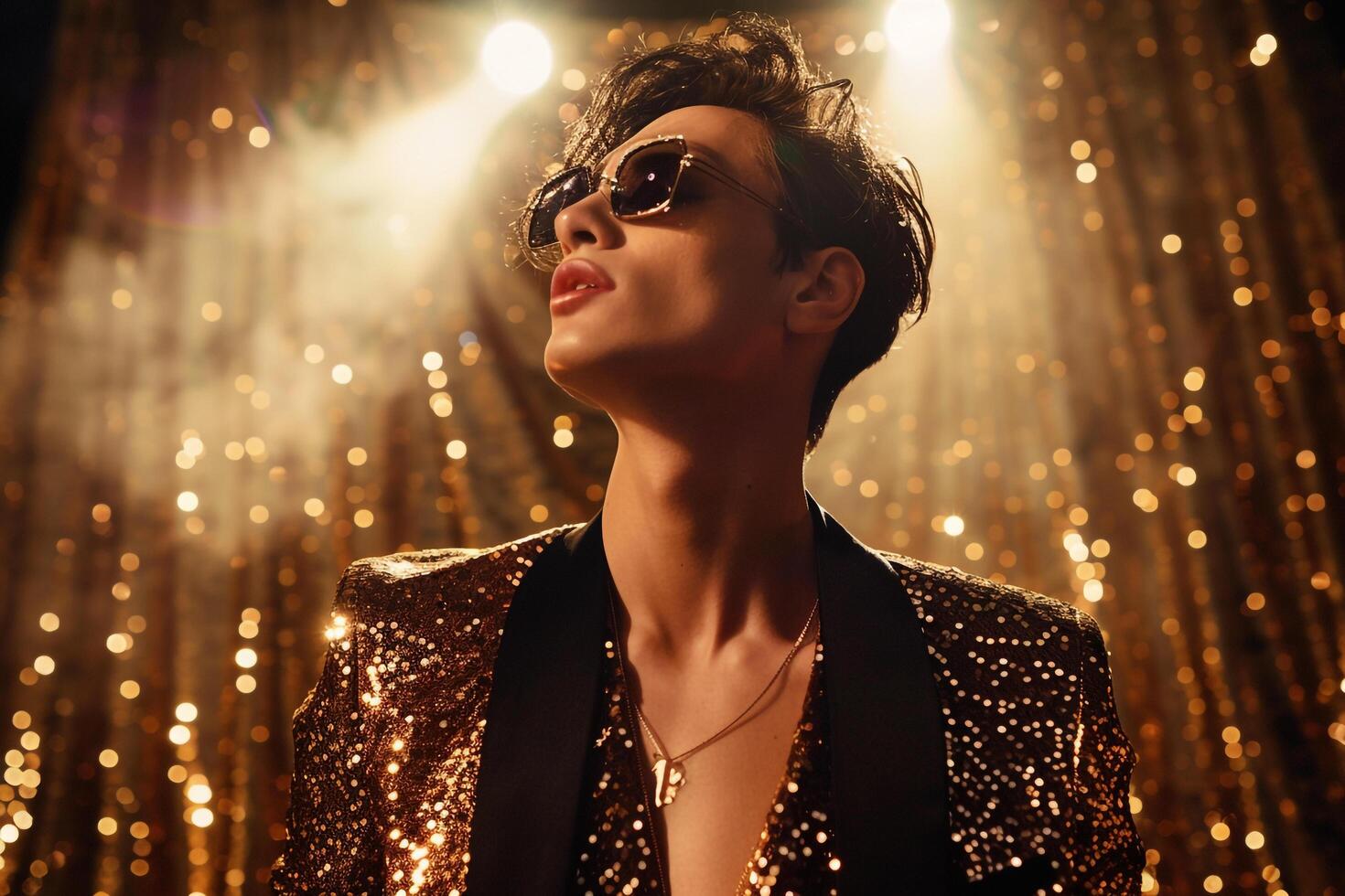 Sophisticated Sequined Blazer Fashion Model in Male Dress with Glittering Gold Background Stylish Lifestyle portrait Fashion Focused photo
