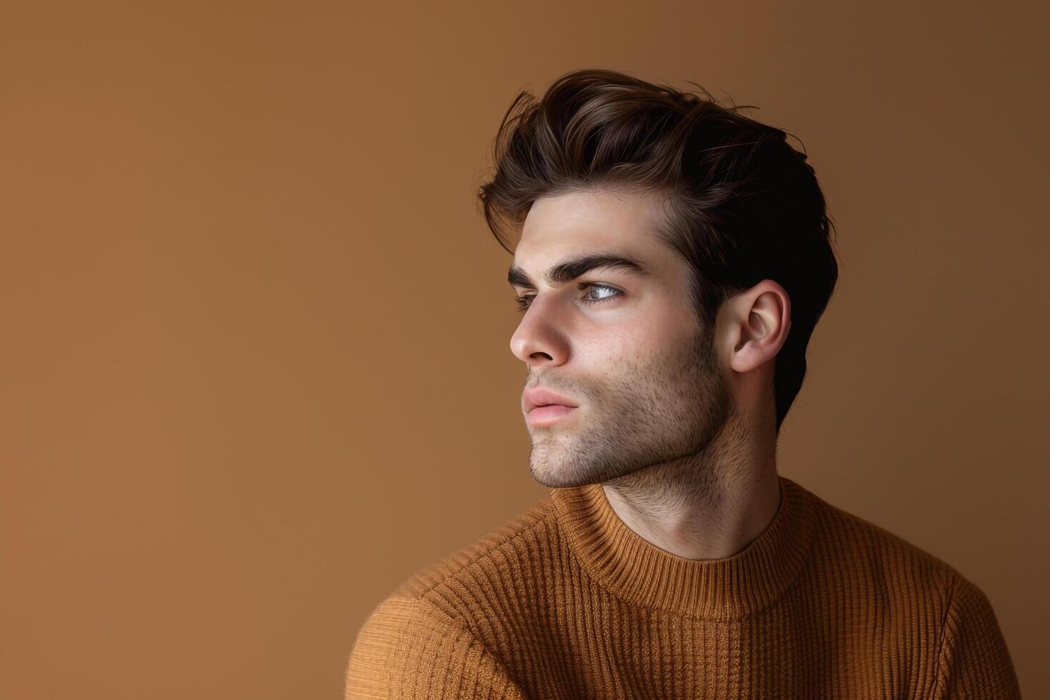 Male Fashion Model in pale Gold pullover elegant portrait High Fashion Lifestyle Background photo