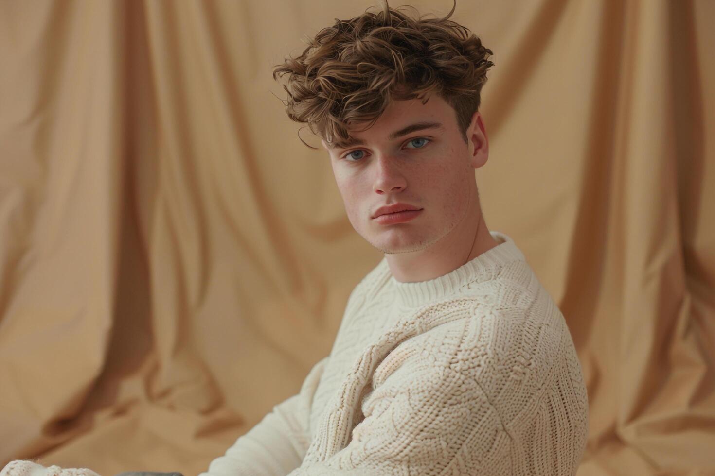 pale Gold pullover Male Fashion Model High Fashion portrait elegant Background photo