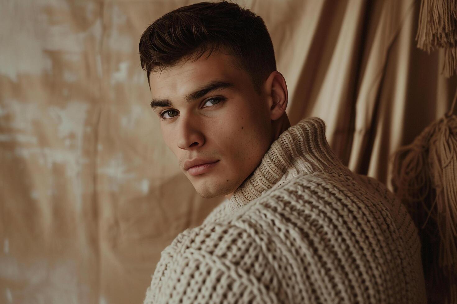 Male Fashion Model in pale Gold pullover Stylish portrait Fashion Lifestyle Focus photo