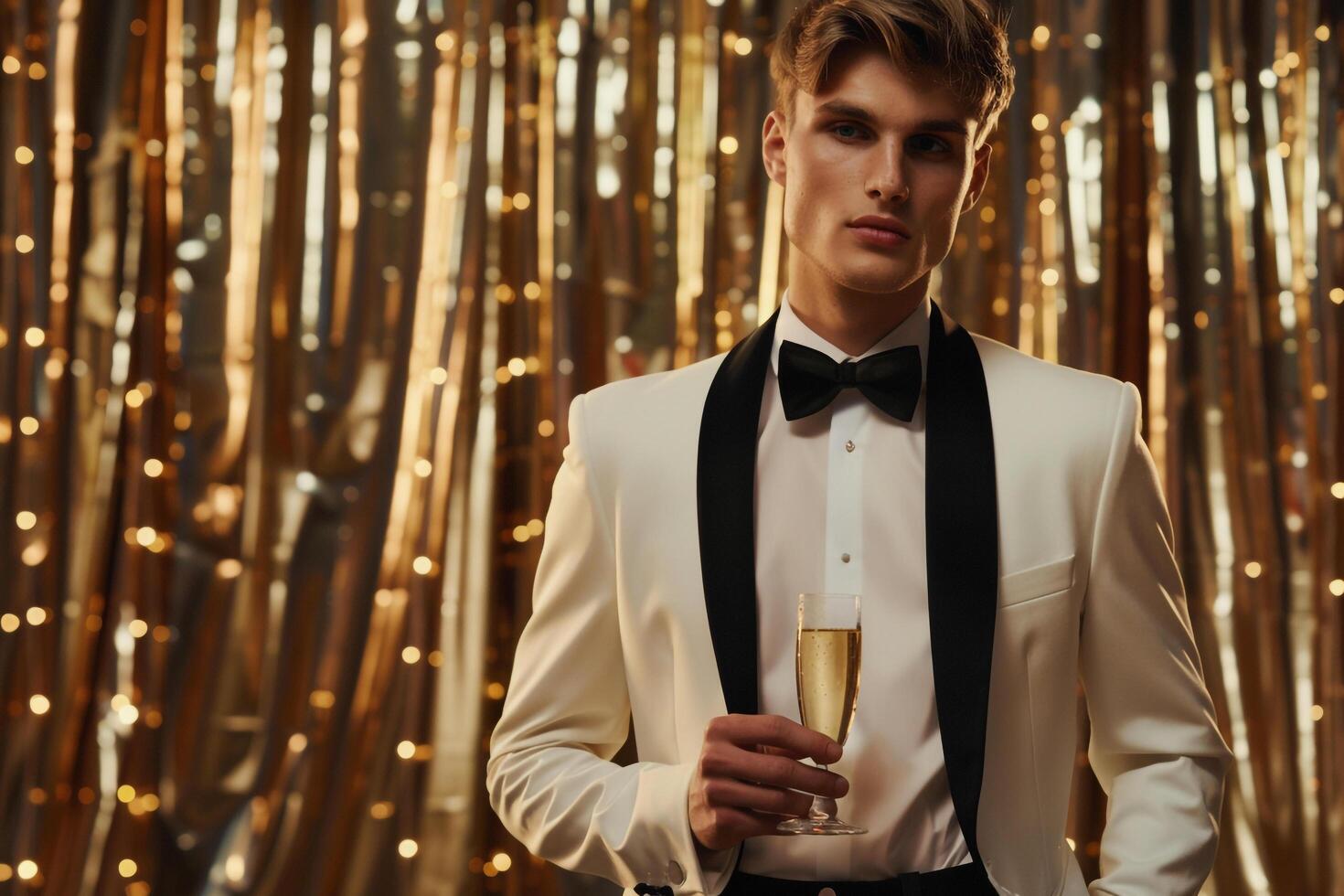 Male Fashion Model in Champagne Gold Dinner Jacket elegant portrait High Fashion Lifestyle photo