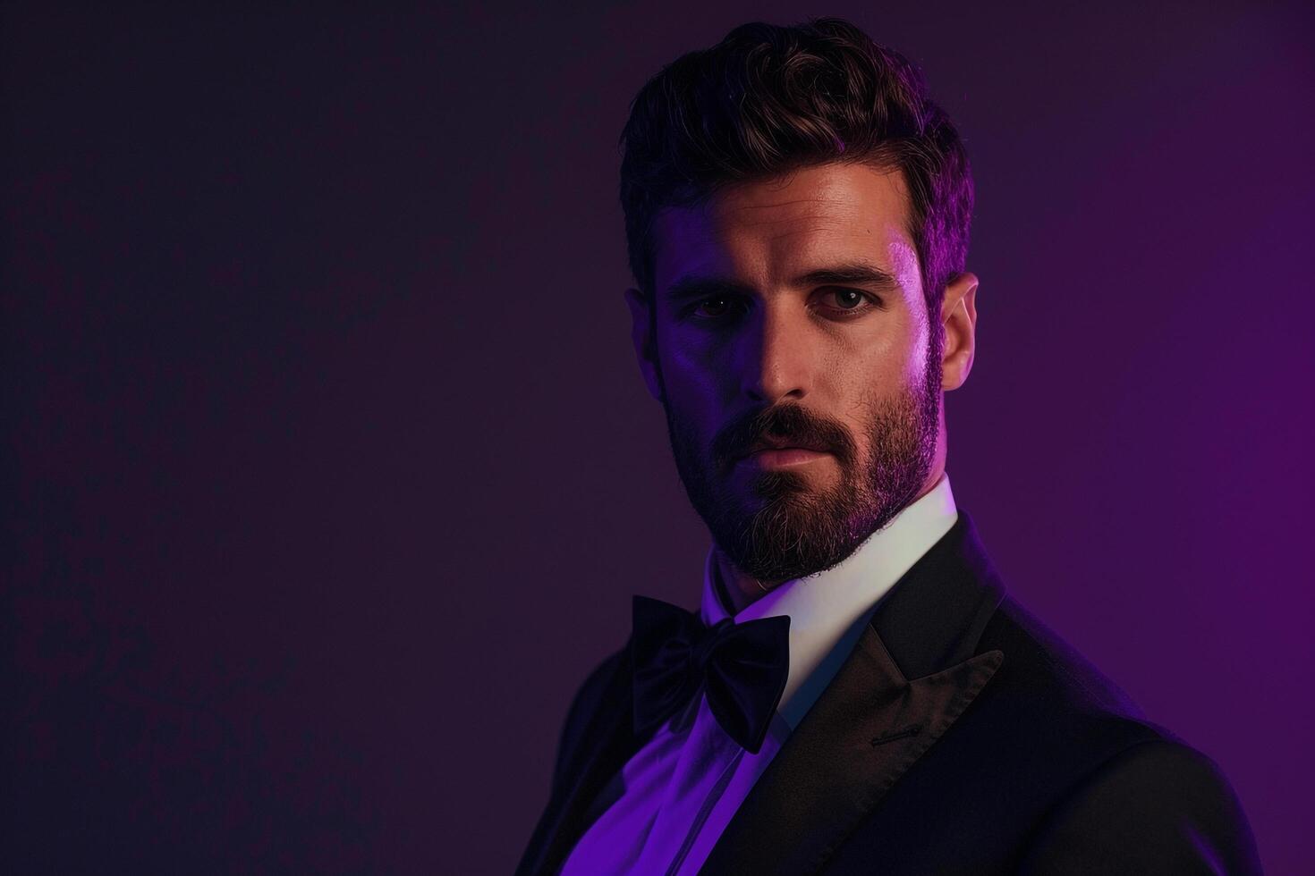 Luxurious Tuxedo Male Fashion Model in Deep purple High Fashion portrait with elegant Lifestyle Background photo
