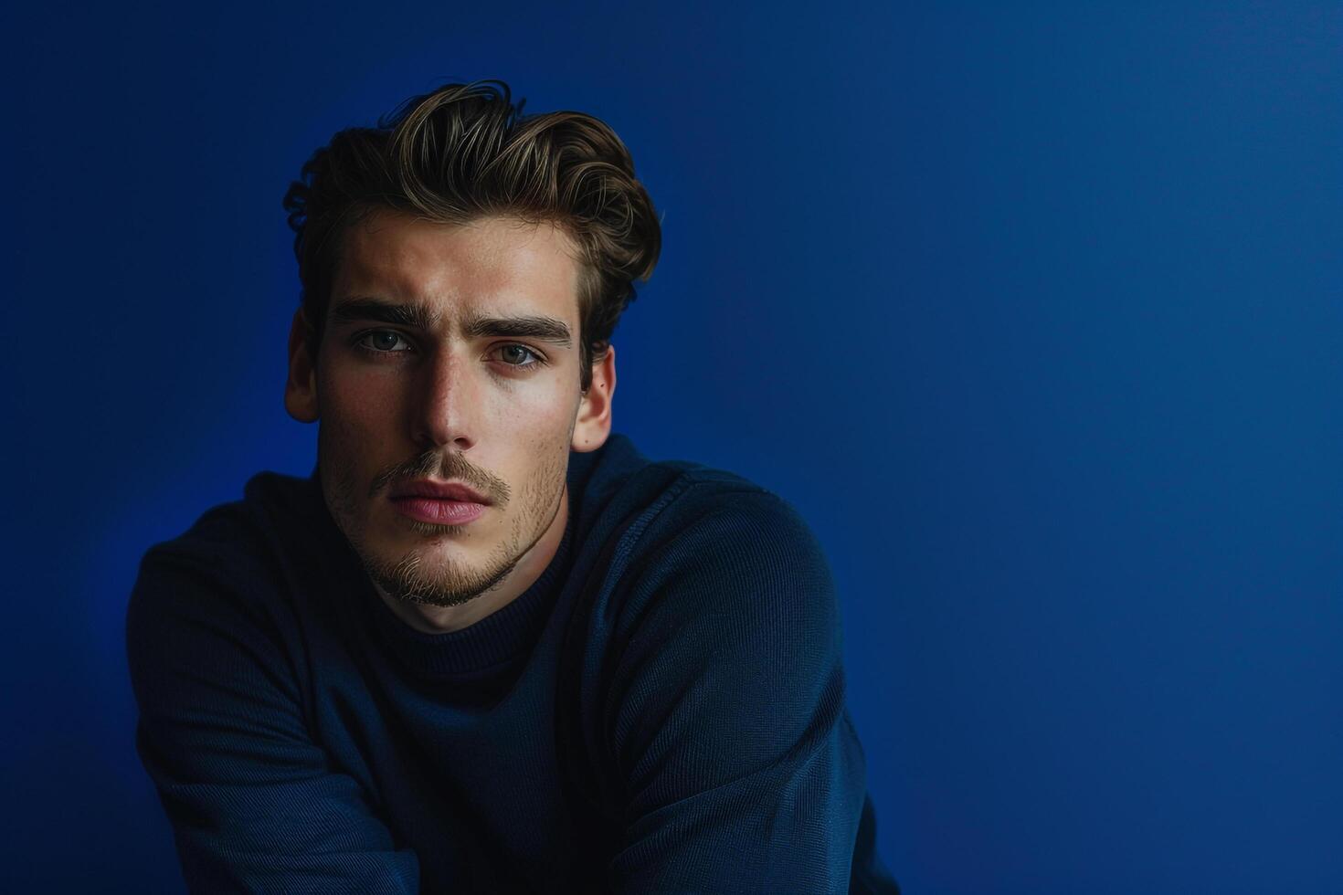 Stylish Royal Blue pullover Male Fashion Model elegant portrait Maleswear Lifestyle Background photo