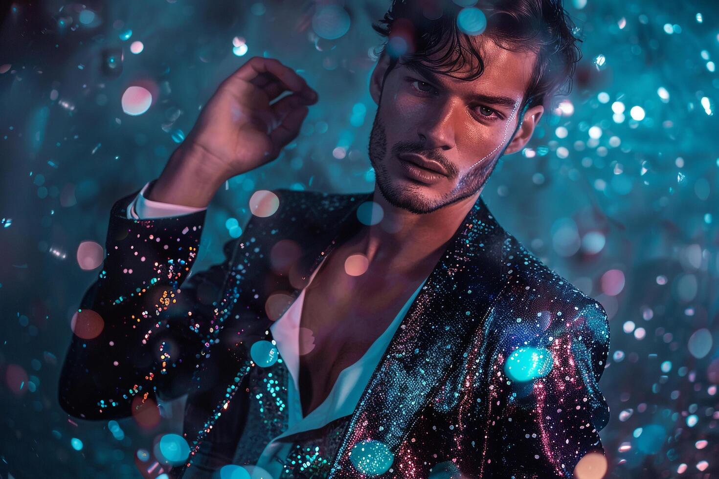 Fashionable Male Model in Sequined Jacket Silver elegant portrait Stylish Lifestyle Background photo